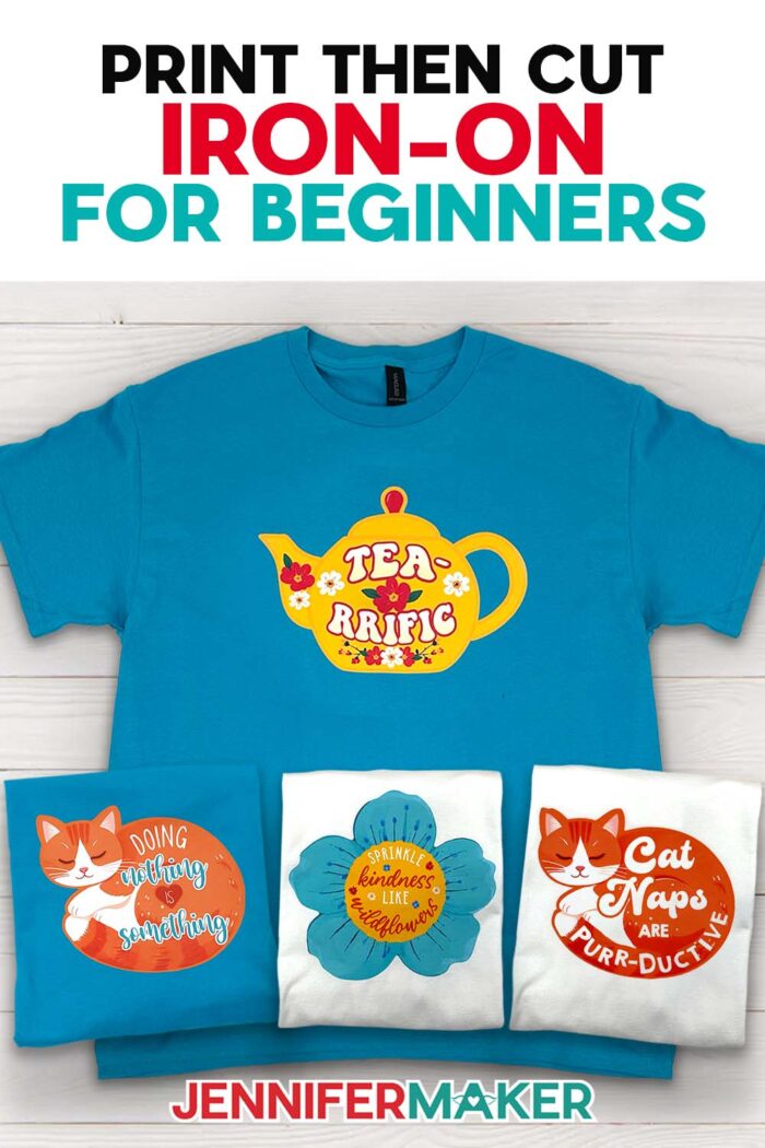 Make a collection of Print Then Cut Iron-On T-shirts like these on display, featuring cute and cozy designs of cats, teapots, and blooms with quotes, with the free files and free tutorial!