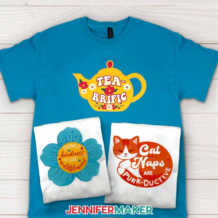 Print Then Cut designs displayed on teal and white shirts.