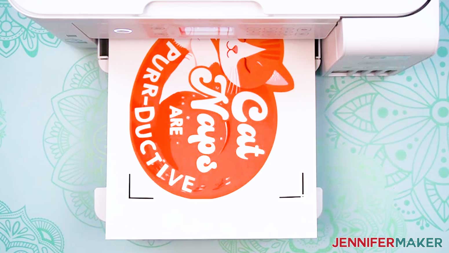 The cat design printed on printable iron-on with an inkjet printer.