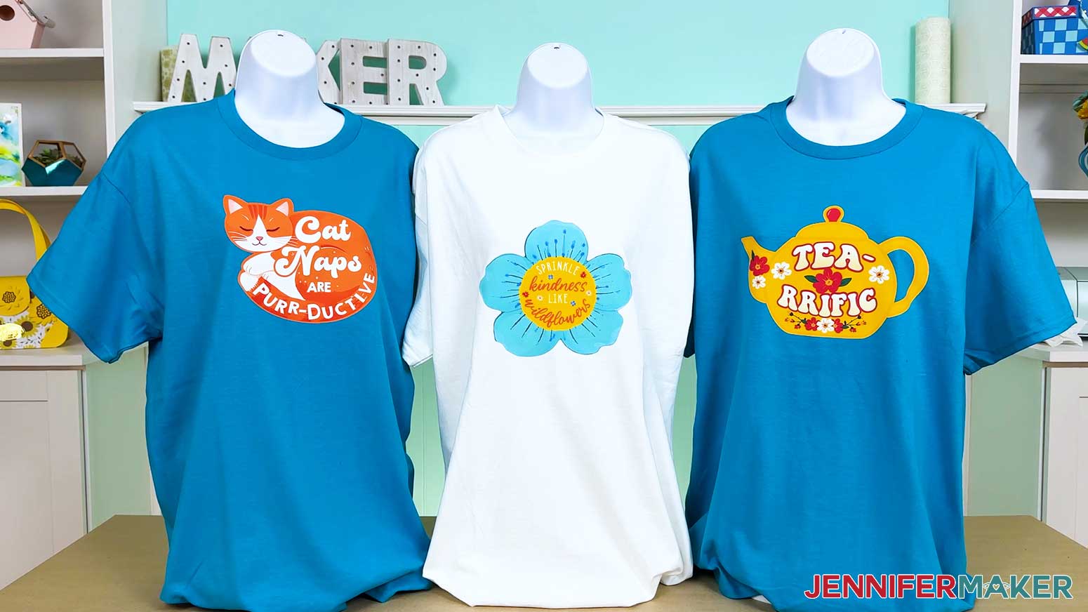 Three Print then Cut Iron-on Designs pressed and displayed.