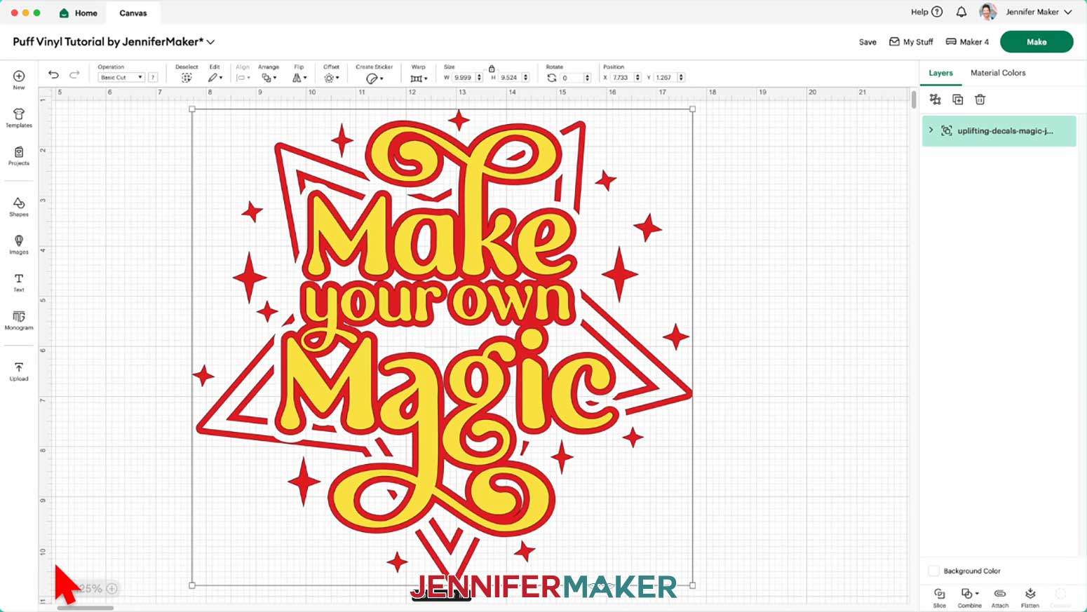 The metallic puff vinyl Make Your Own Magic design is uploaded to Cricut Design Space and placed on a canvas.