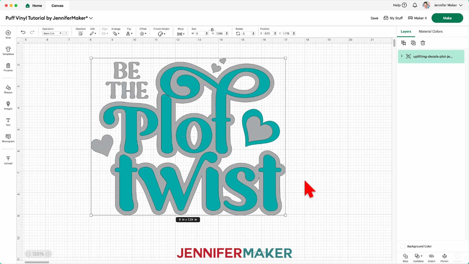 The metallic puff vinyl Plot Twist design is uploaded to Cricut Design Space and placed on a canvas.