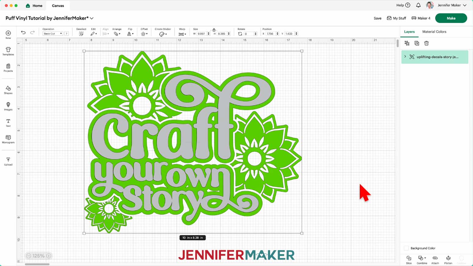 The metallic puff vinyl Craft Your Own Story design is uploaded to Cricut Design Space and placed on a canvas.