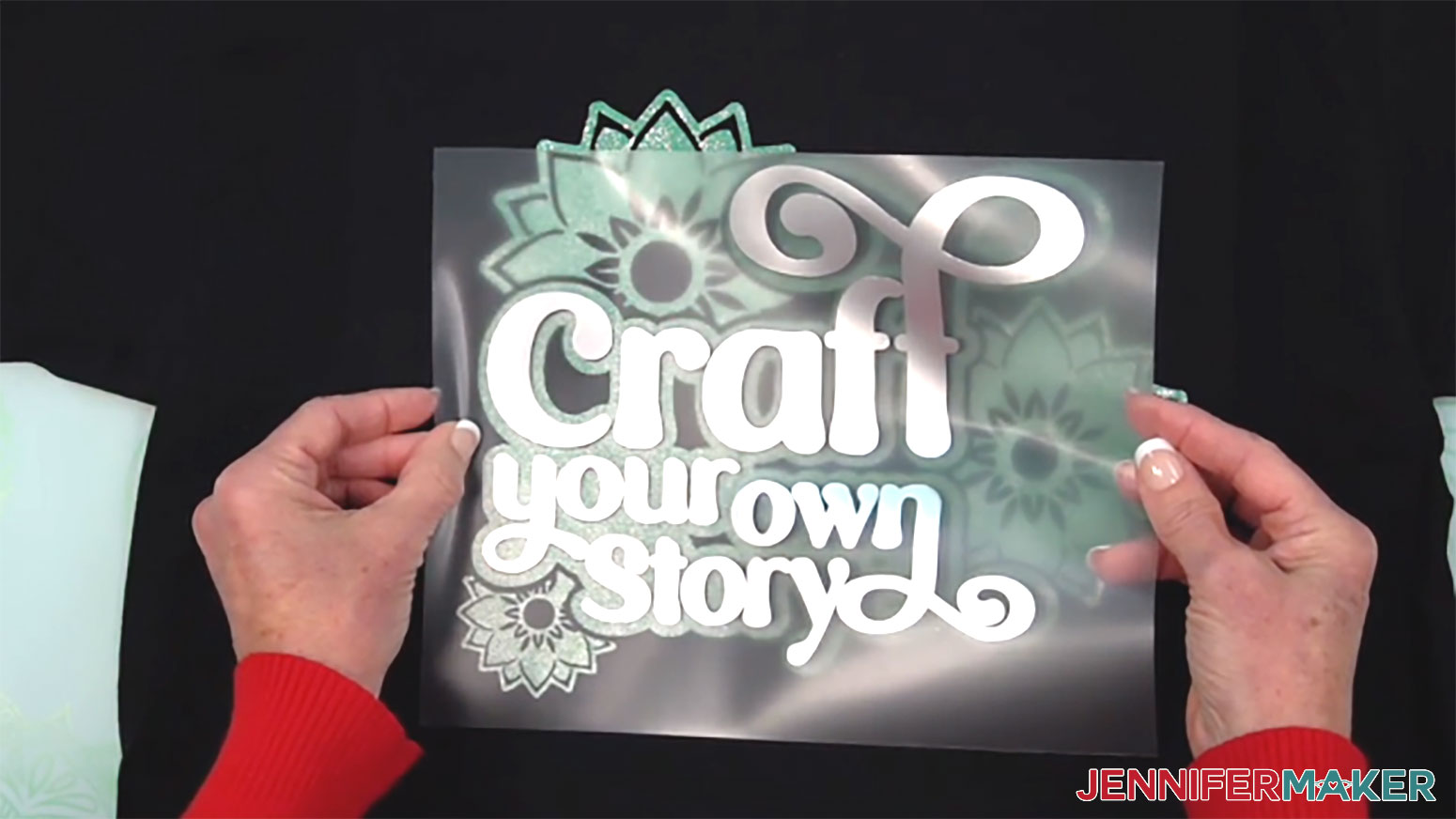 Place the metallic puff vinyl design layer in the matching opening on the pressed glitter vinyl layer.