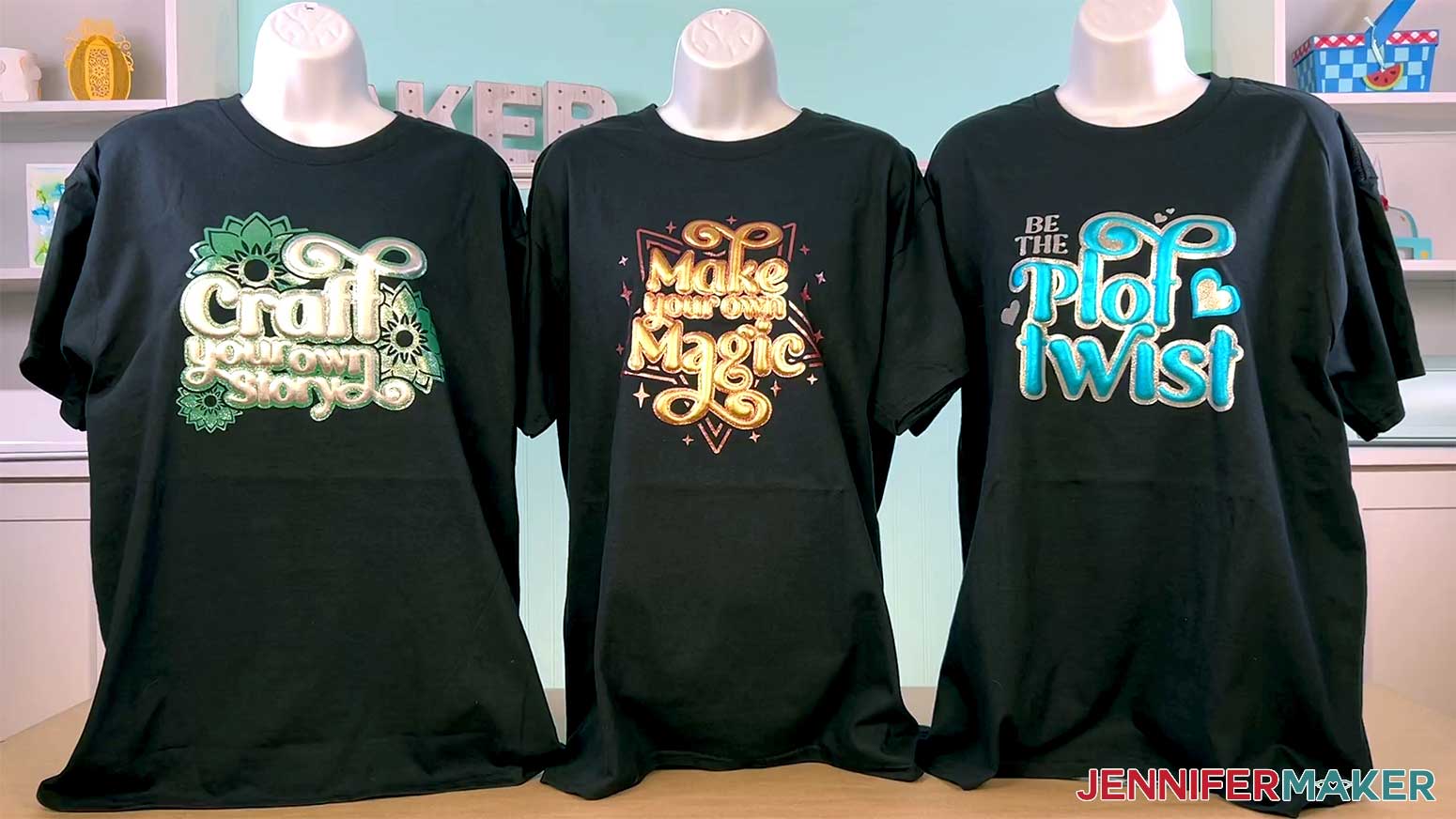 All three metallic puff vinyl designs pressed to shirts and displayed on mannequins.