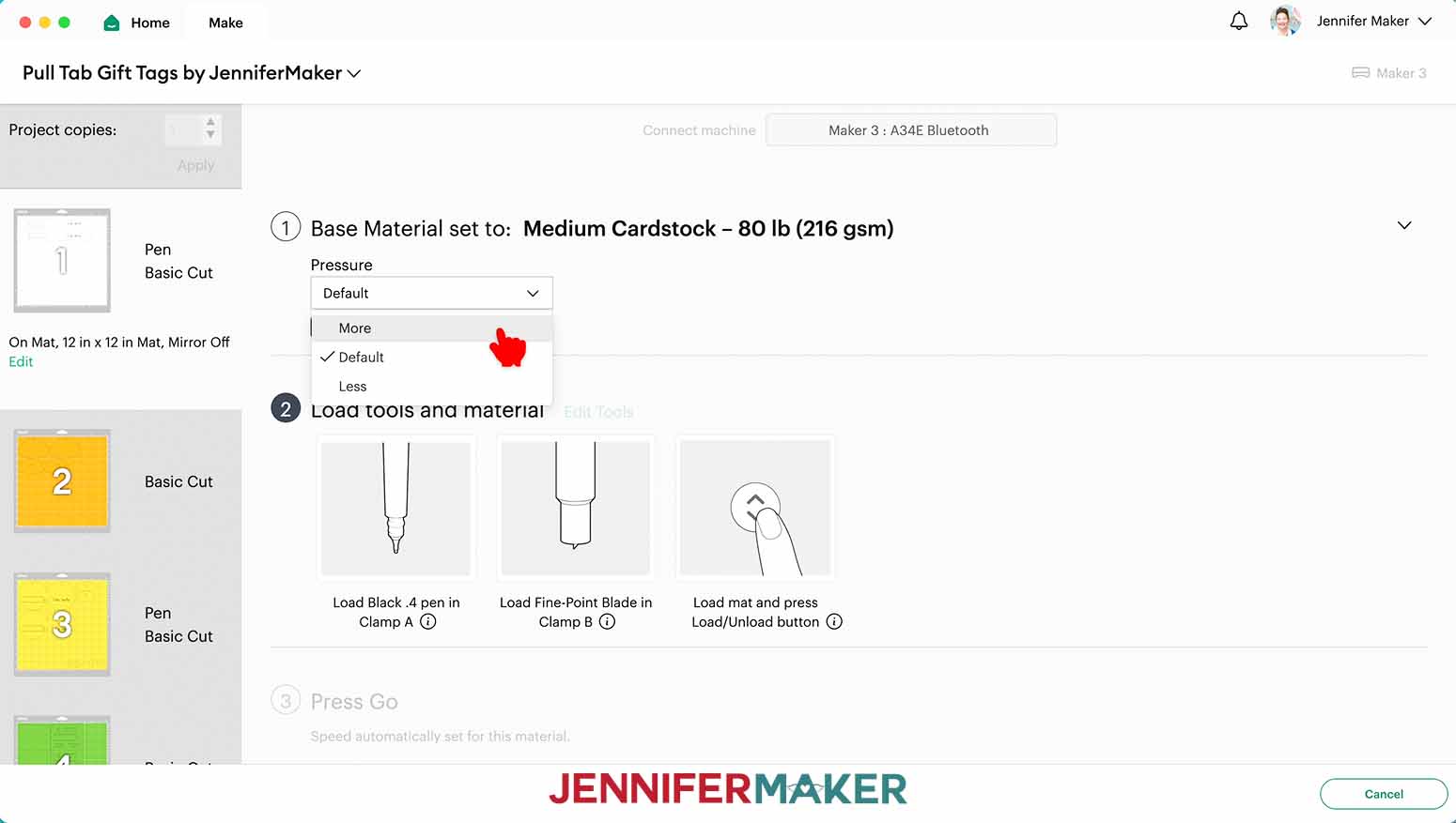 Select Medium Cardstock for the material type and set the pressure to more.