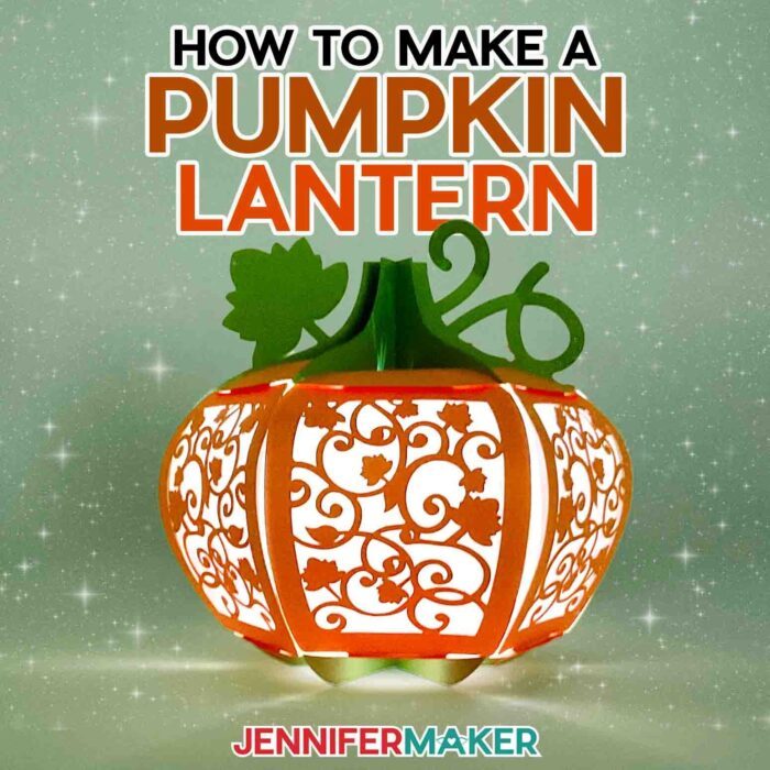 Learn how to make a 3D pumpkin lantern with JenniferMaker's tutorial! An orange paper pumpkin lantern with a green stem, vine, and leaf feature panels with intricate filigree leaf designs cut out.