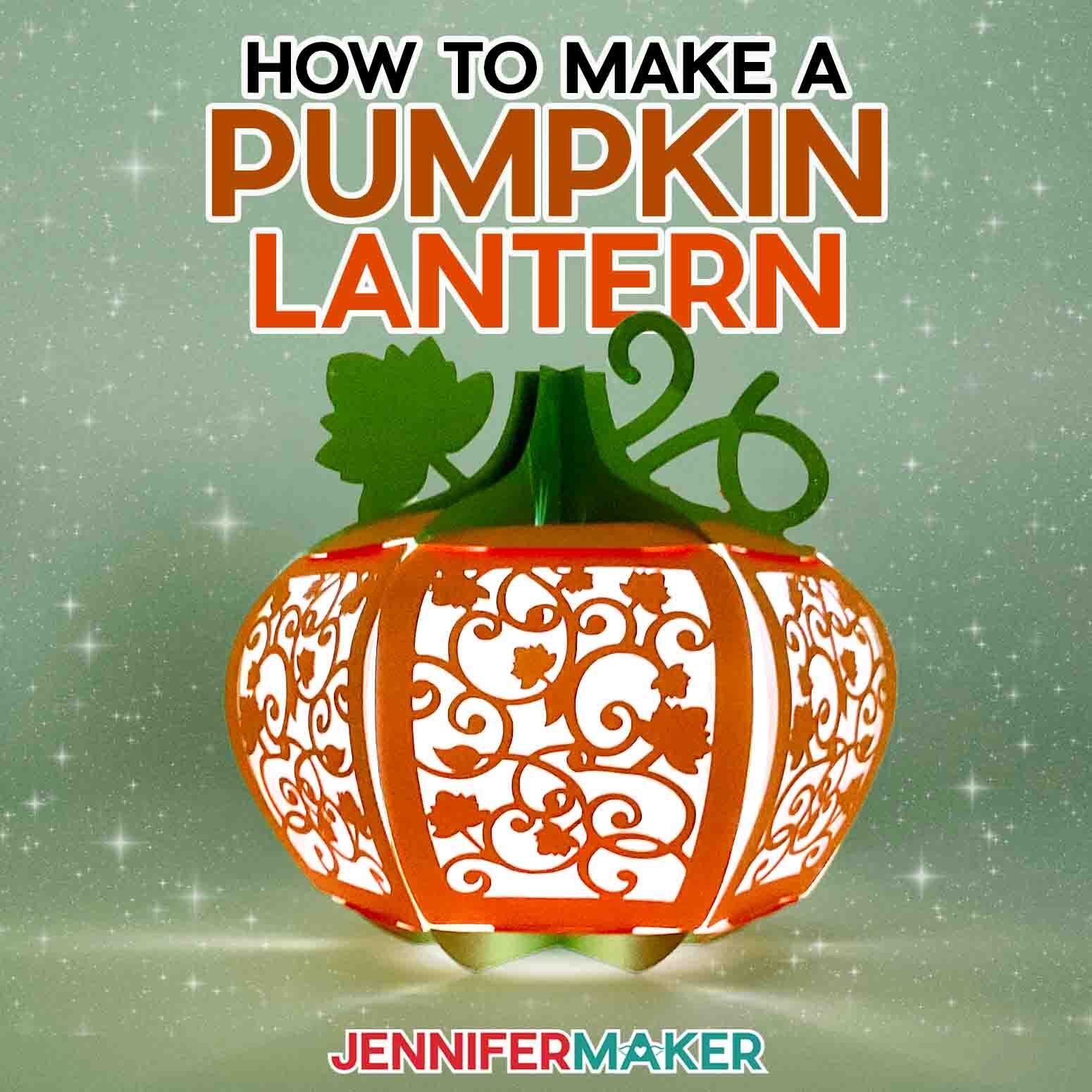 Learn how to make a 3D pumpkin lantern with JenniferMaker's tutorial! An orange paper pumpkin lantern with a green stem, vine, and leaf feature panels with intricate filigree leaf designs cut out.