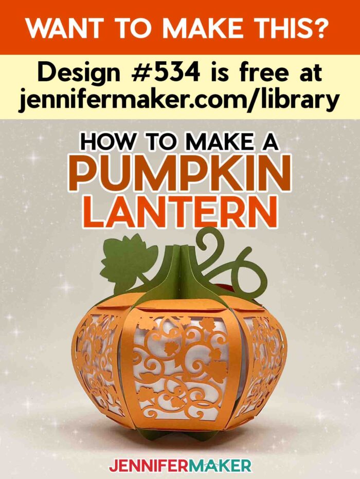 Learn how to make a 3D pumpkin lantern with JenniferMaker's tutorial! An orange paper pumpkin lantern with a green stem, vine, and leaf feature panels with intricate filigree leaf designs cut out. Want to make this? Design #534 is free at jennifermaker.com/library.