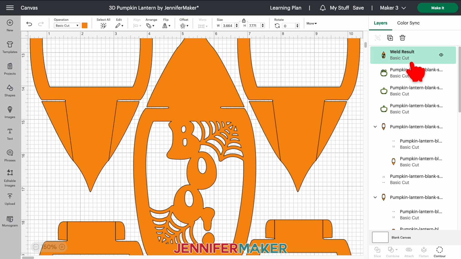 The orange panel and custom elements for the 3D pumpkin lantern welded together in Cricut Design Space