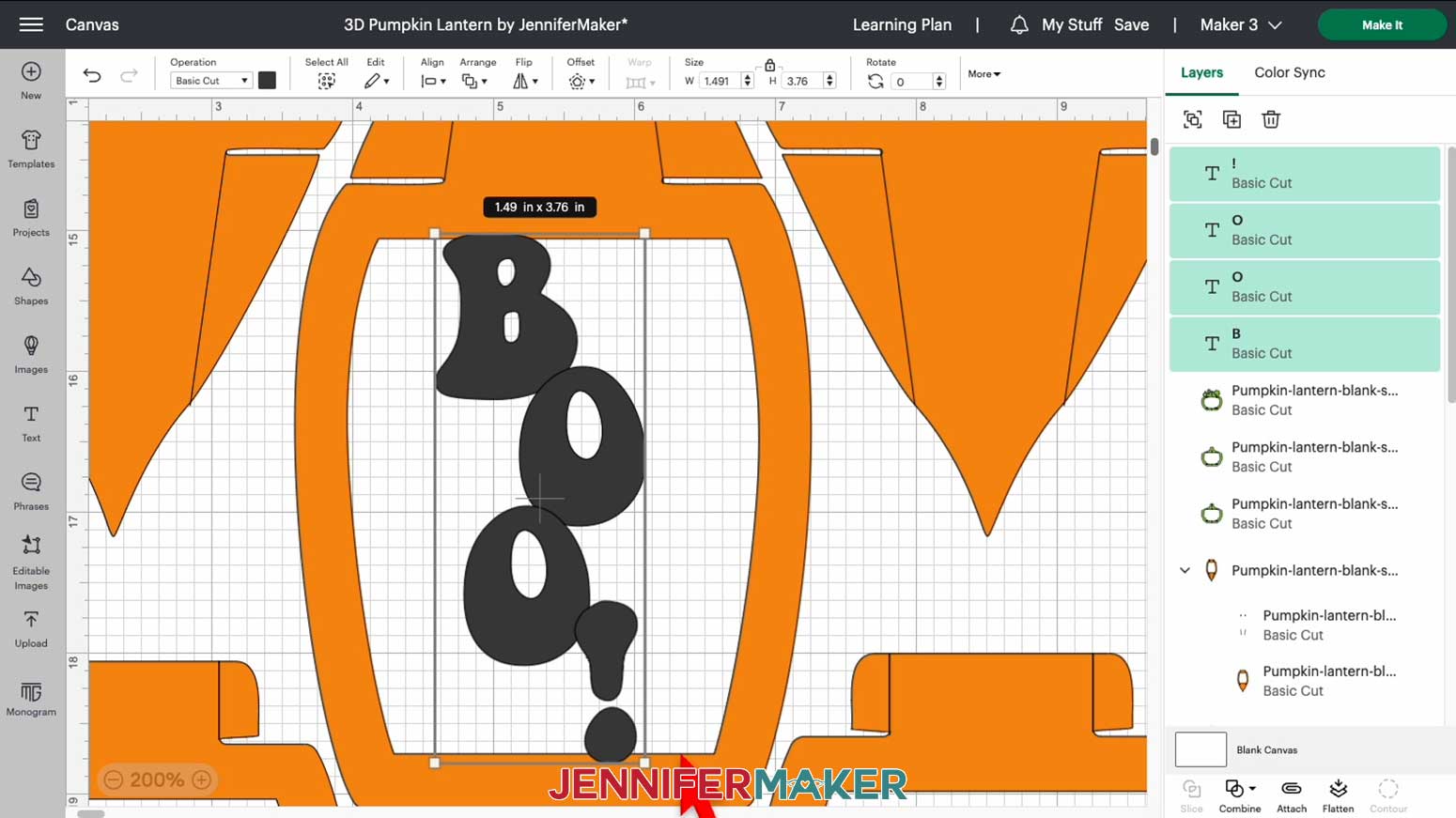 Resize the word "boo!" so it fits within the 3D pumpkin lantern's orange panel and slightly overlaps the top and bottom of the panel's frame
