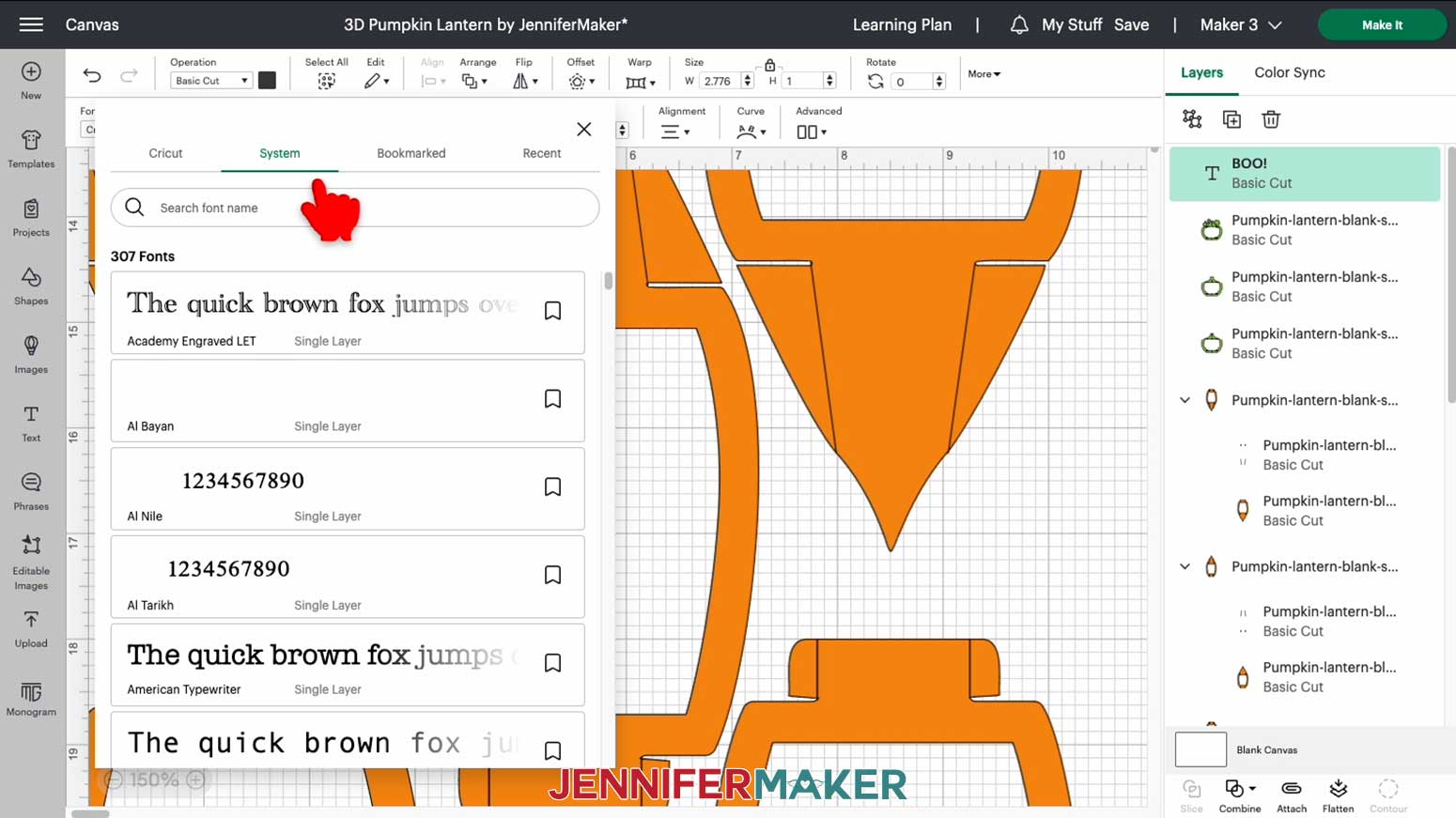 Select the font menu dropdown in Cricut Design Space to choose a font for your customized 3D pumpkin lantern