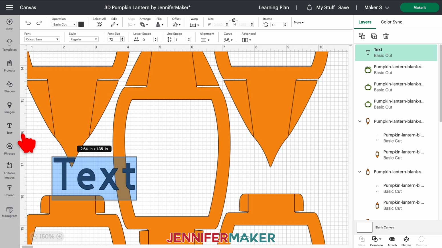 Click the text icon in Cricut Design Space to type a custom word for your 3D pumpkin lantern panel