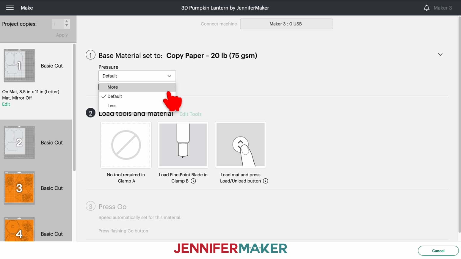 On the Make Screen in Design Space, choose the "Copy Paper - 20 lb" setting with More Pressure for the 3D pumpkin lantern copy paper diffuser panels