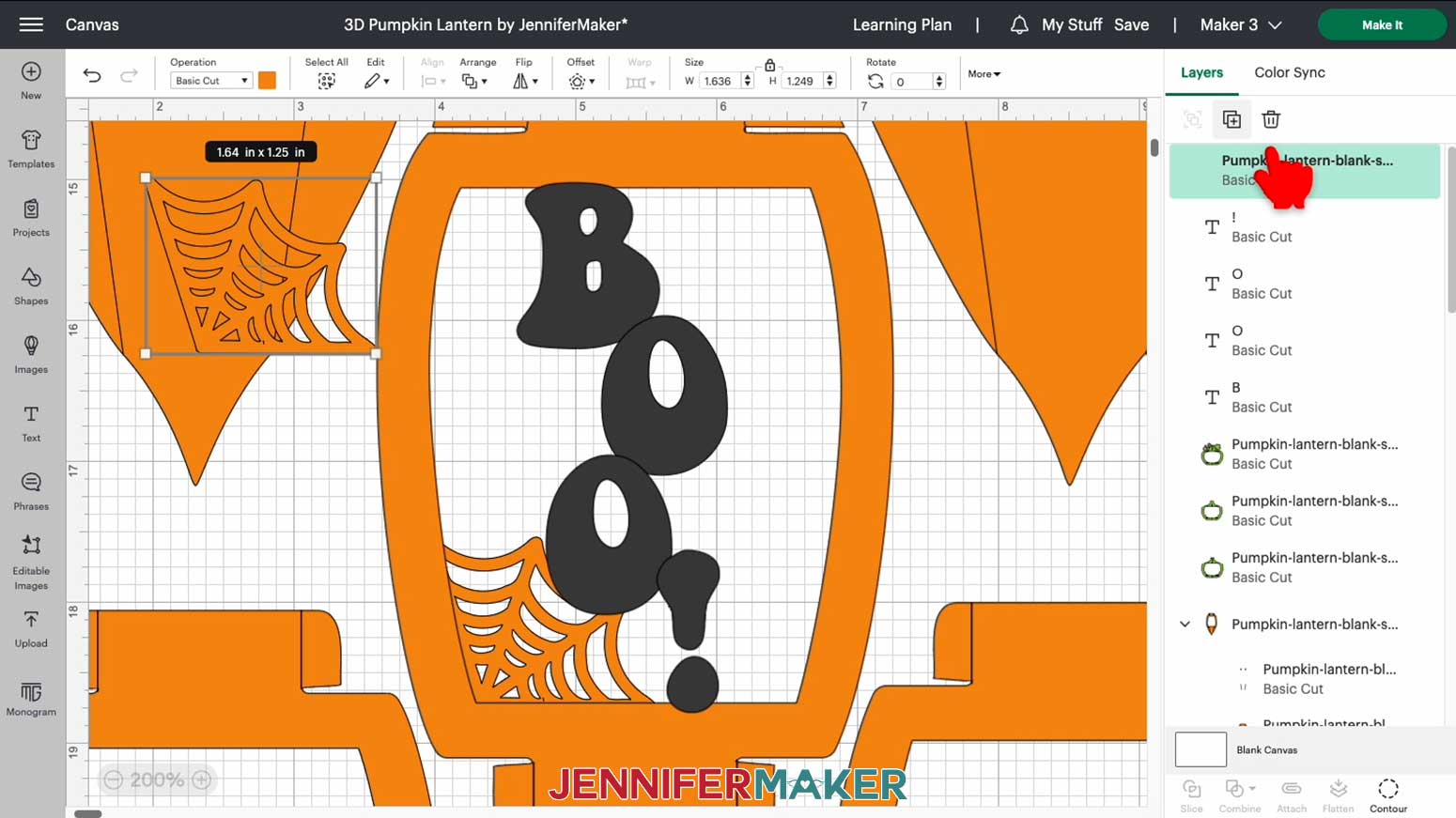 Click the duplicate button in Cricut Design Space to make a copy of the spiderweb layer for the customized 3D pumpkin lantern panel