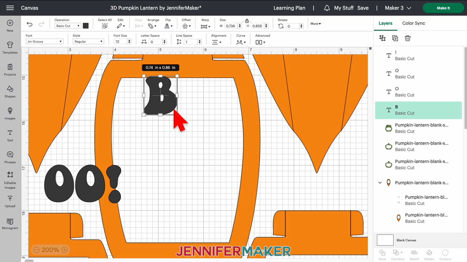 In Design Space, move the "B" into position so it overlaps the top of the orange panel frame for the customized 3D pumpkin lantern