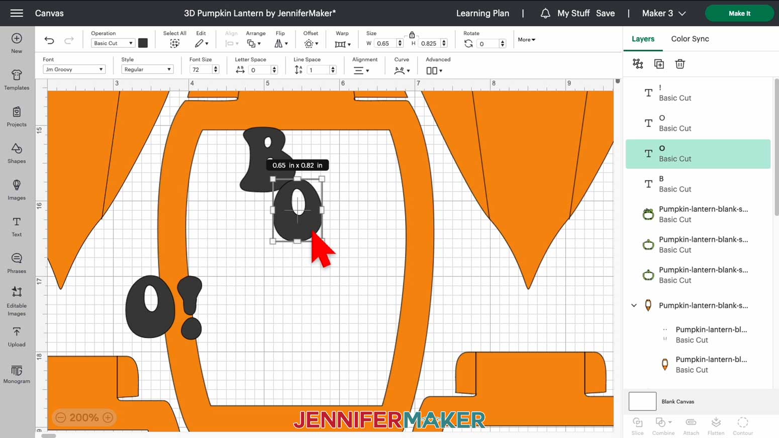 In Design Space, move the "O" into position so it overlaps the "B" in the bottom right corner for the customized 3D pumpkin lantern panel