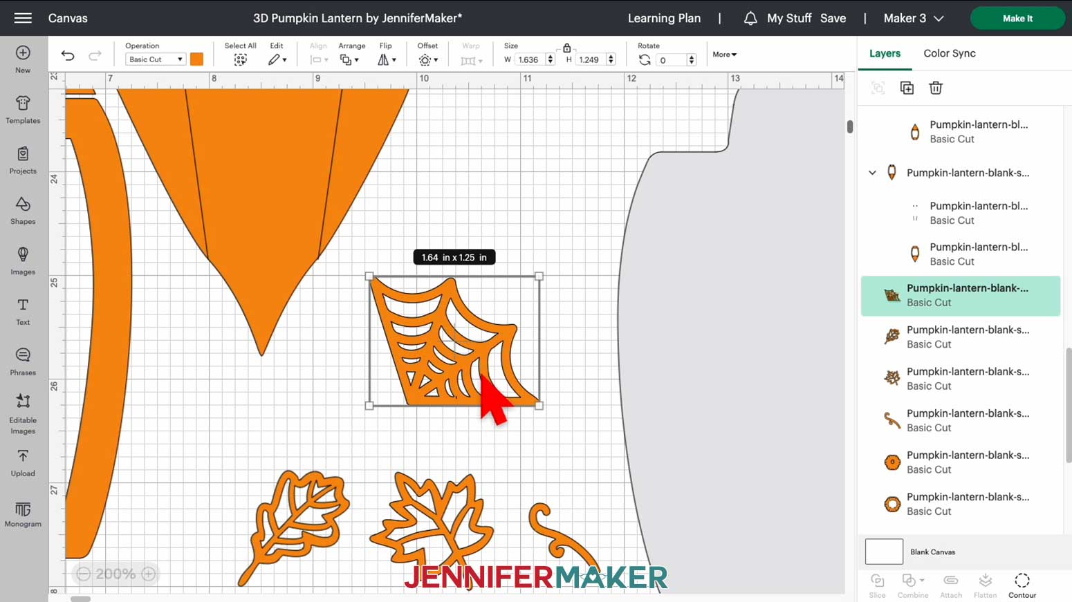 Optional design elements in Cricut Design Space for the 3D pumpkin lantern, showing a spiderweb, two leaves, and a filigree design