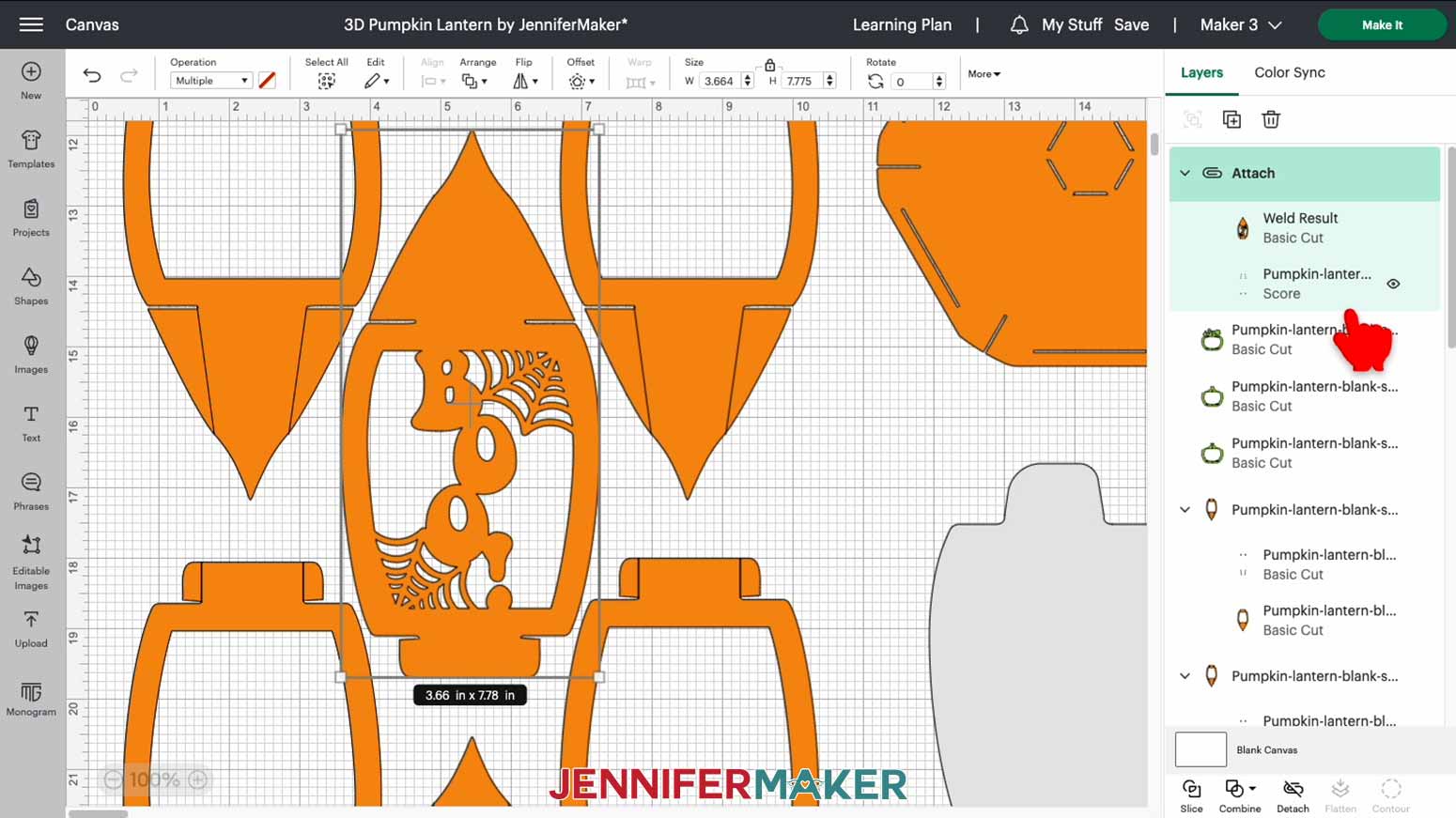 In Cricut Design Space, attach the converted score layer to the welded orange panel layer for the 3D pumpkin lantern