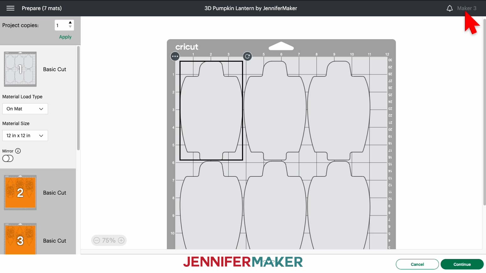 The Prepare Screen in Cricut Design Space, showing seven 12" x 12" mats for the 3D pumpkin lantern
