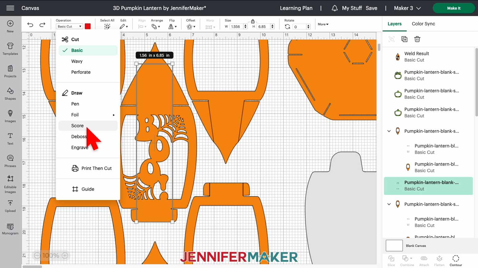 Under the Operation menu in Design Space, select "Score" to convert the score layer for the 3D pumpkin lantern panel