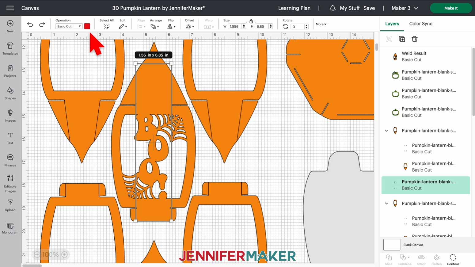 In Cricut Design Space, select the score layer, which will have faint lines colored in red, for the 3D pumpkin lantern panel