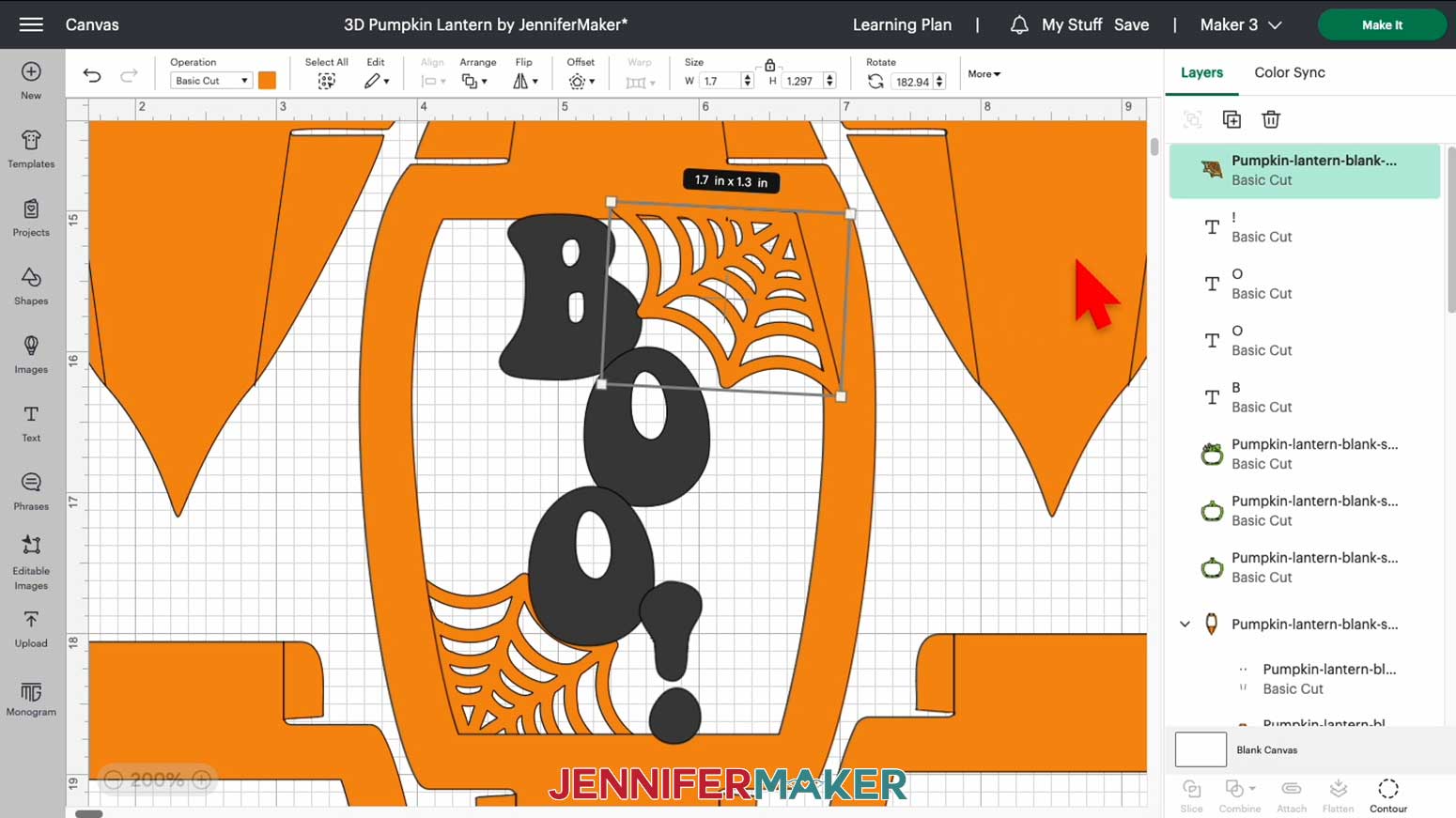 Position the spiderweb elements around the word "boo!" for a customized 3D pumpkin lantern decorative panel