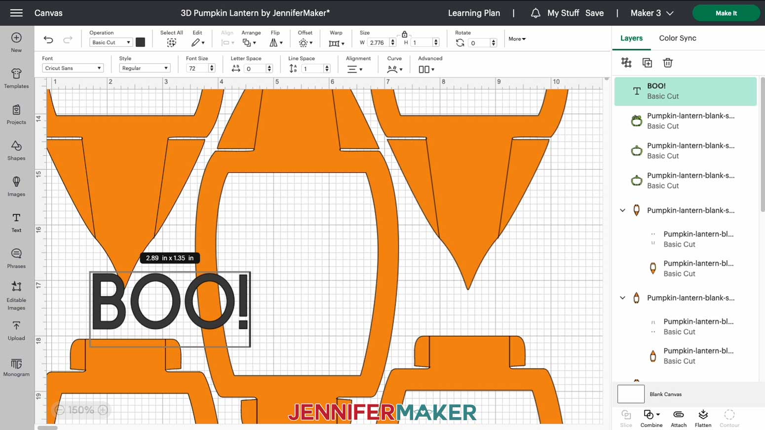 Type the word "boo!" in Cricut Design Space for a customized 3D pumpkin lantern panel