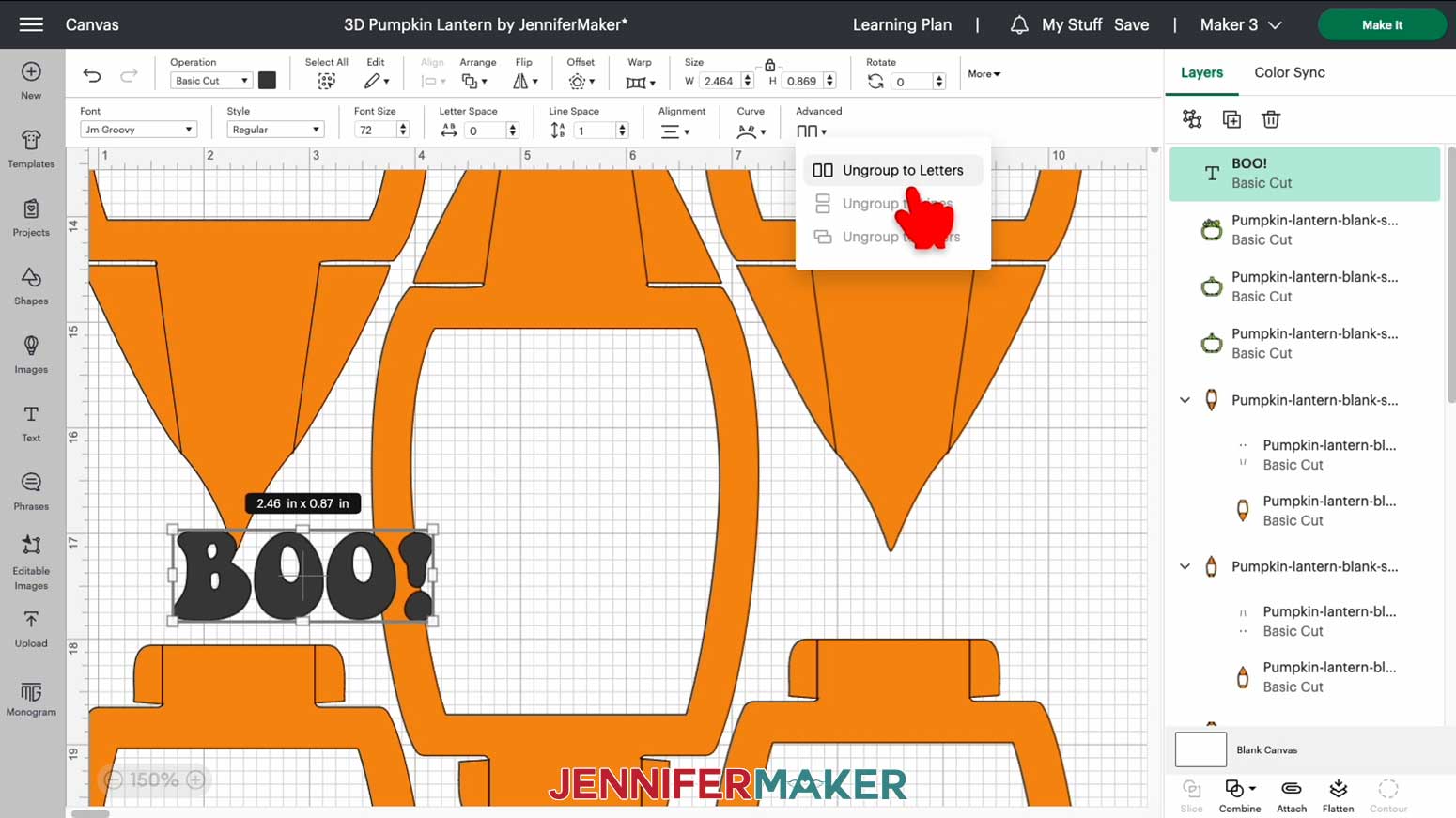 Click Ungroup to Letters in Cricut Design Space in order to move each letter individually for the 3D pumpkin lantern custom word
