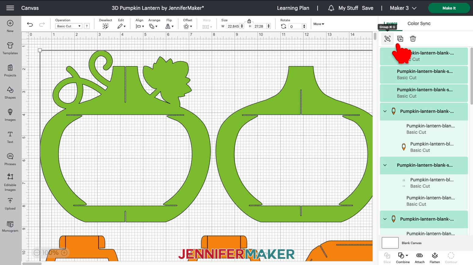 Click the ungroup button in Cricut Design Space to ungroup the 3D pumpkin lantern layers for customization
