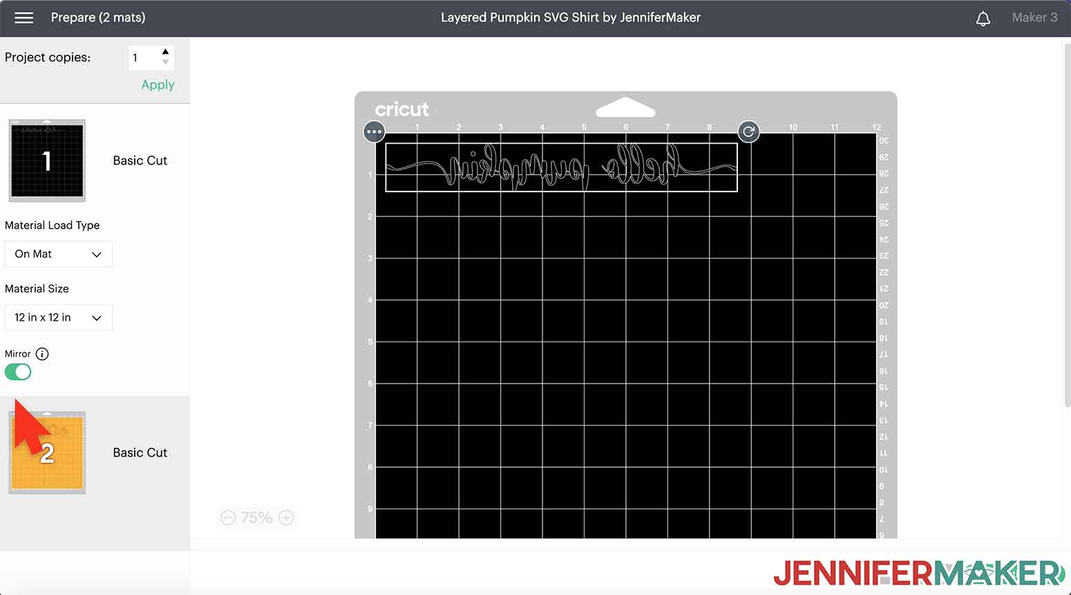 Turning on the mirror option for iron-on vinyl layers in Cricut Design Space