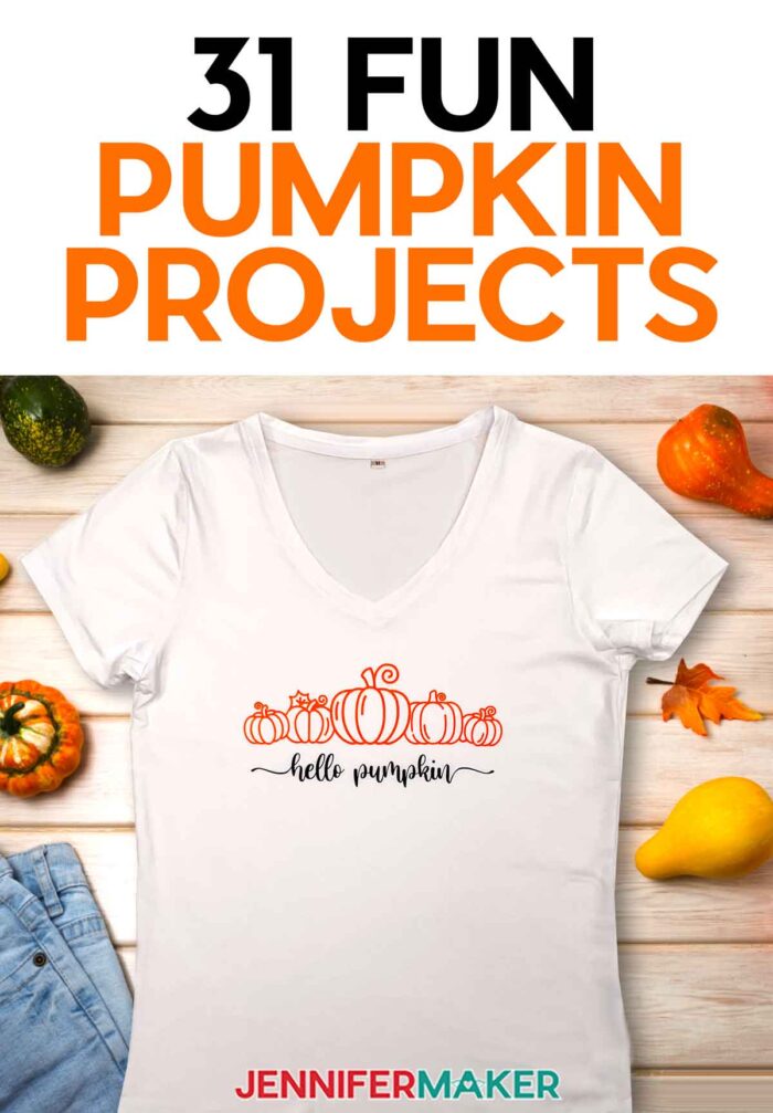 Pumpkin SVG projects you can make on your Cricut, including a "Hello Pumpkin" shirt made with vinyl