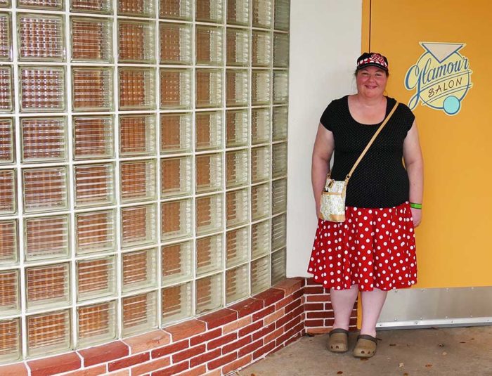 Red polka dot circle skirt and black top at Disney