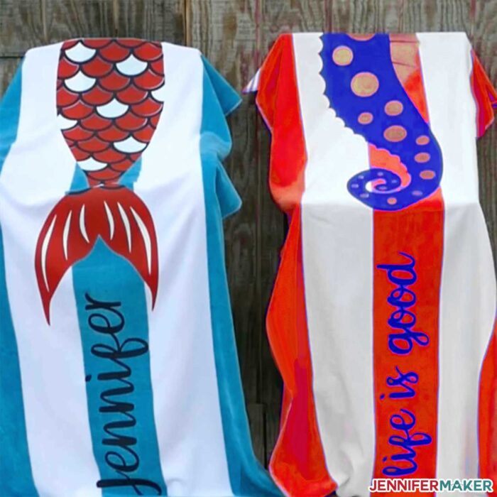 Red, white, and blue personalized beach towels made with iron-on vinyl