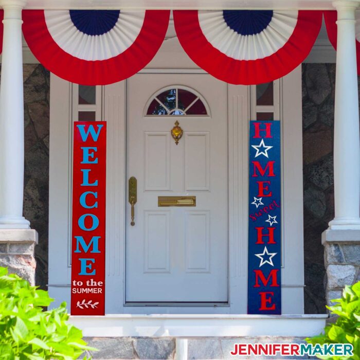 Red, white, and blue wood plank porch signs on a white door