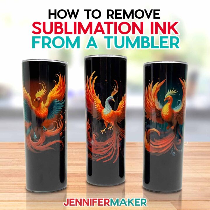 Learn how to remove sublimation ink from a tumbler in Jennifer's tutorial! Three tumblers with dark phoenix designs sublimated onto them sit on a counter.