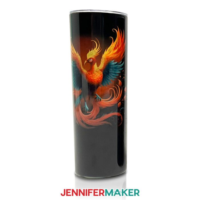 A sublimated tumbler with a phoenix design. Learn how to remove sublimation ink from a tumbler with JenniferMaker's tutorial!