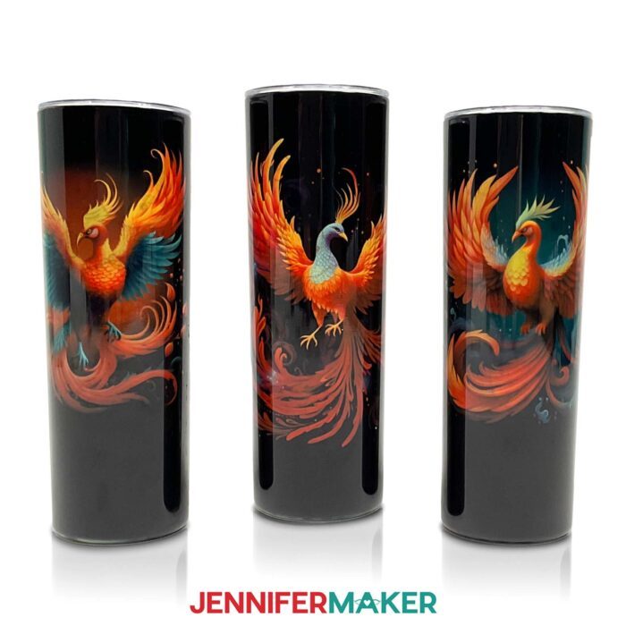 Three sublimated tumblers with phoenix designs. Learn how to remove sublimation ink from a tumbler with JenniferMaker's tutorial!