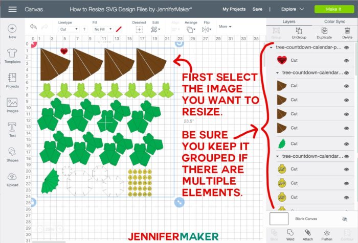 Selecting an SVG file in Cricut Design Space before resizing it