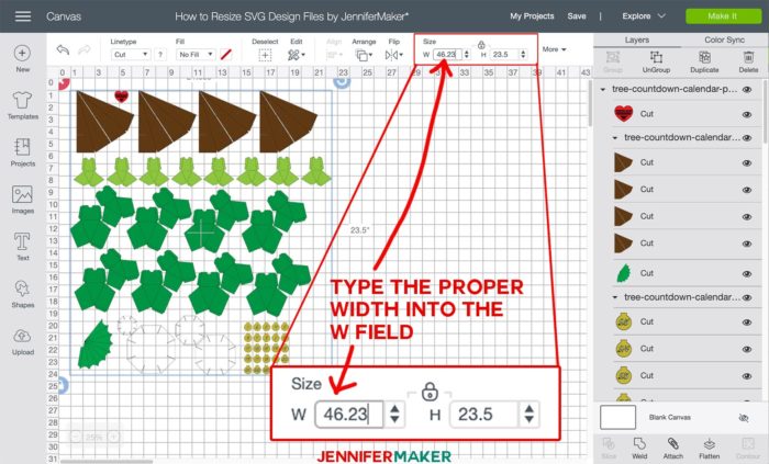 Resizing SVG files by typing the proper width in the W field in Cricut Design Space