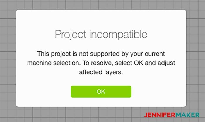 Project Incompatible message in Cricut Design Space