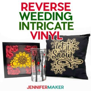 Pinterest for shadow box, glass vase, and pillow featuring intricate designs from reverse weed vinyl JenniferMaker tutorial.