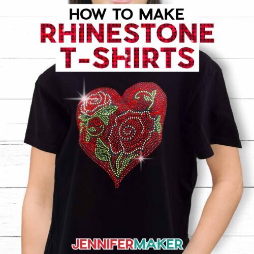 Person standing against a white background wearing a black t-shirt with a dazzling rhinestone heart design done in red, green, and clear rhinestones. Learn how to make rhinestone t-shirts using your Cricut cutting machine with JenniferMaker's tutorial!