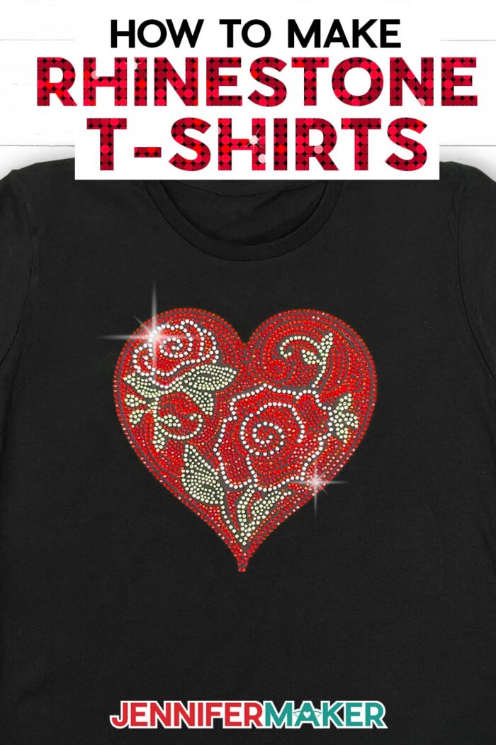 Red heart made of rhinestones, glittering with red roses and green stylized leaves applied to a black t-shirt. Learn to make a rhinestone template on Cricut with Jennifer Maker's tutorial!