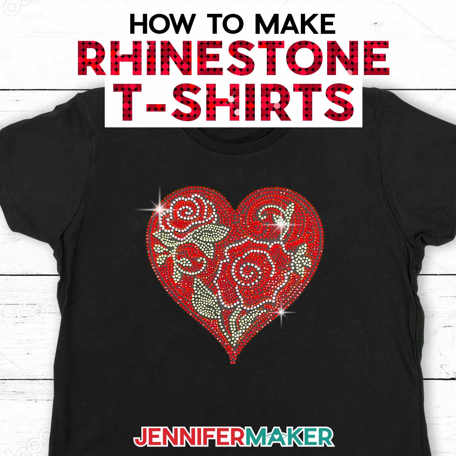 Black t-shirt with a dazzling rhinestone heart and flowers design done in red, green, and clear rhinestones.