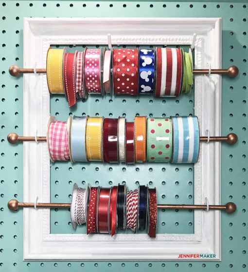 DIY Ribbon Organizer and Storage Frame for your Organized Craft Room! | #craftroom #organization #diy | cute pegboard accessires | ribbon rod