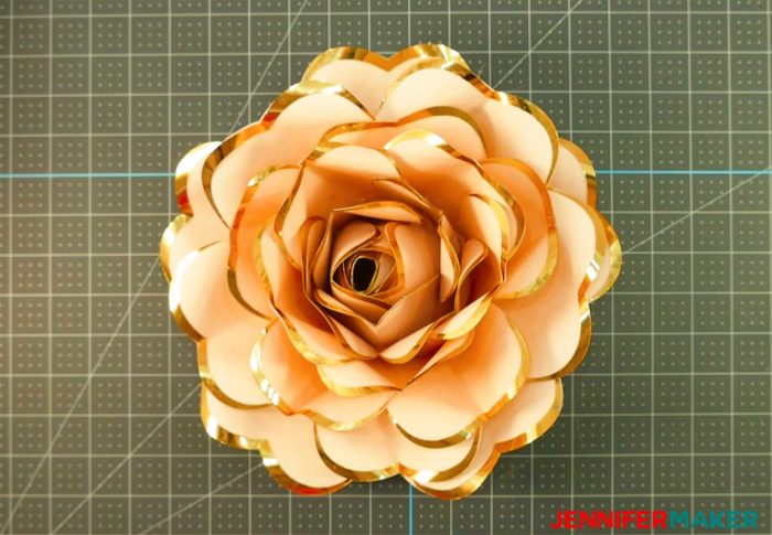 DIY Rose Gold Paper Flower with foil-edged heart-shaped petals - free template & tutorial #svgcutfile #cricut #cricutmade #paperflower