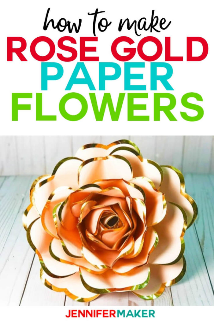 Learn how to make this stunning rose gold giant paper flower with foil-edged, heart-shaped petals using your Cricut! #cricut #cricutmade #cricutmaker #cricutexplore #svg #svgfile