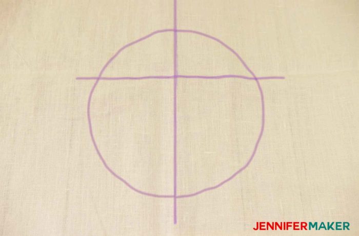 A marked circle on fabric to sew a round jewel neckline on a shirt or tunic