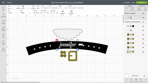 Personalizing the belt in Cricut Design Space for your Santa Cup